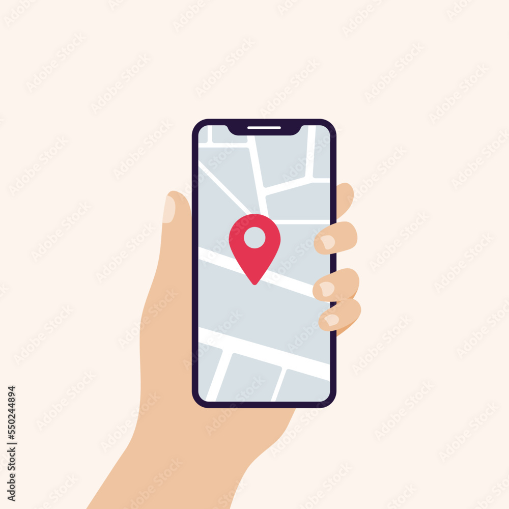Hand holding smart phone in vertical position banner. Screen with map navigation and geo tag. Concept of geolocation. Vector illustration, flat design