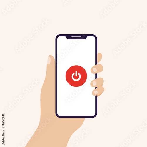Hand holding smart phone in vertical position banner. Concept of mobile phone addiction, turn off. Vector illustration, flat design