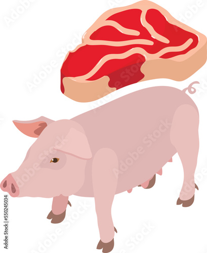 Pork meat icon isometric vector. Pink pig animal and fresh meat tenderloin icon. Food theme