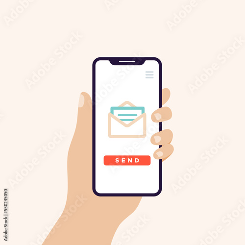 Hand holding smart phone in vertical position banner. Screen with open email icon and send button. Vector illustration, flat design