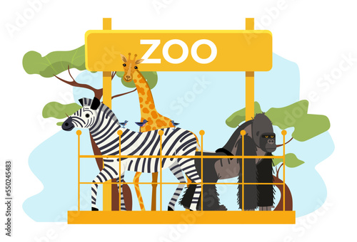 African animal zoo place poster herbivore zebra, giraffe and gorilla, zoological garden flat vector illustration, isolated on white.