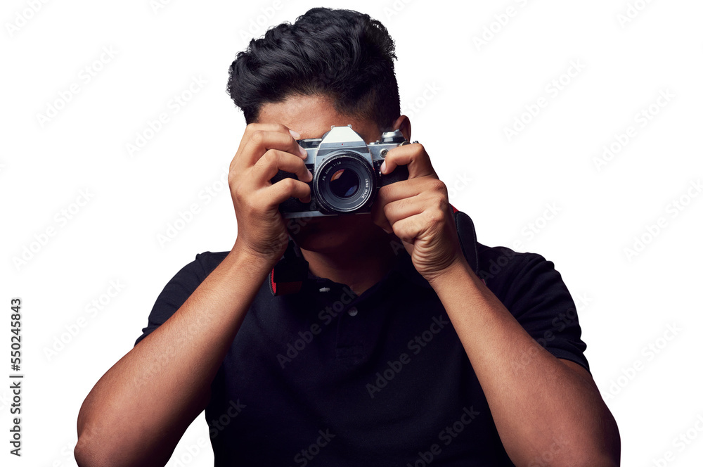 Studio shot of a young man holding up a camera againest isolated on a transparent png background Studio shot of a young man holding up a camera againest isolated on a transparent png background