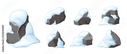 Set of stone and rock in snow. Snowy mountains in cartoon, heap of boulders in winter. Boulders and building material. Ice age in vector illustration