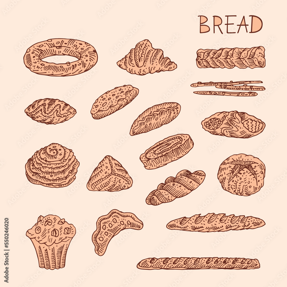Bread and bakery doodle elements. Baguette, croissant, bagel, bread sticks, pie, cinnamon roll, cake and cookies vector illustration.