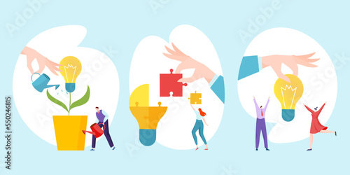 Firm startup idea success company growth card set, tiny commercial teamwork worker flat vector illustration, isolated on blue.