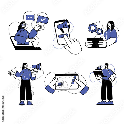 Blue flat line concept Marketing with people scene in the flat cartoon style. Marketers advertise goods and services in different ways. Vector illustration.