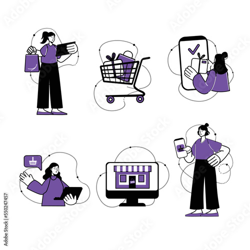 Violet flat line concept E - commerce with people scene in the flat cartoon style. Girls buy cool things on the different stores and pay for them using online banking. Vector illustration.