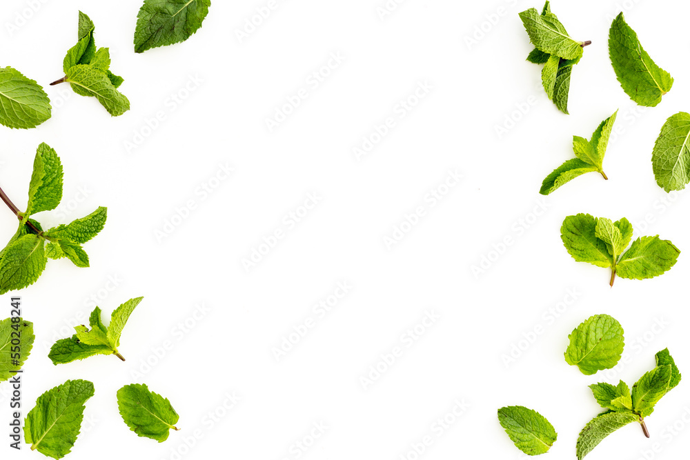 Frame of green mint leaves, top view. Aroma herbs background Frame of green mint leaves, top view. Aroma herbs background