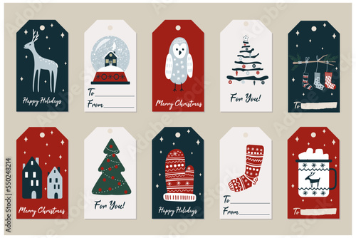 Set of vector Christmas gift tags. Cute vector hand drawn elements. Snow globe, Christmas tree, socks, glove, cup with marshmallows, owl, deer and cute houses. Perfect for Christmas greetings.