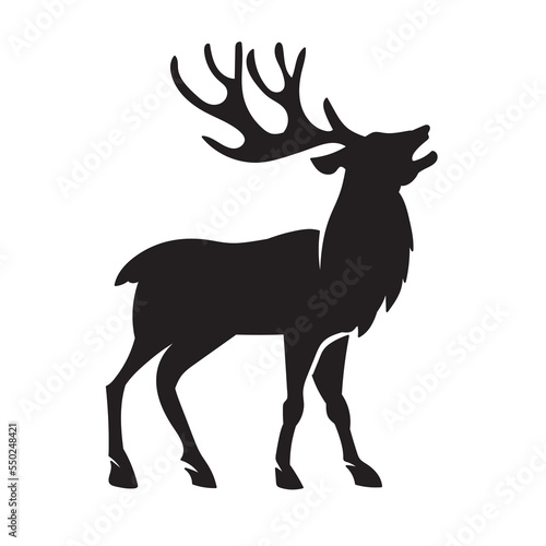 Vector cartoon stag big antlers illustration. Male deer black silhouette.