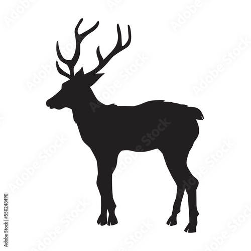 Vector cartoon stag big antlers illustration. Male deer black silhouette.