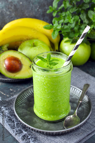 Avocado smoothie with fruits. Detox drink. Top view.