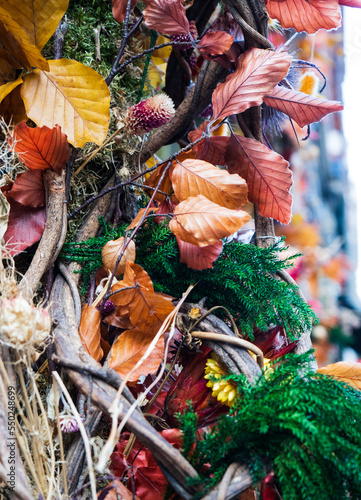 Autumn decorations, yellow and red leaves 