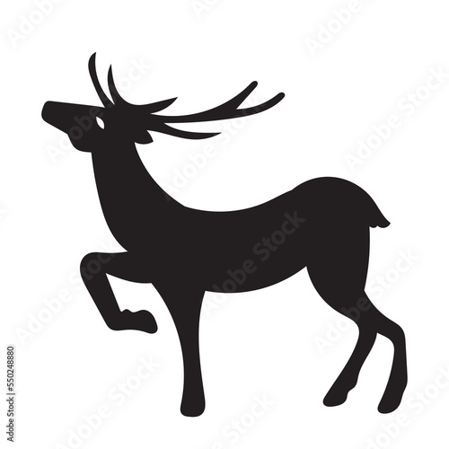 Vector cartoon stag big antlers illustration. Male deer black silhouette.