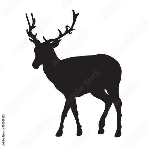 Vector cartoon stag big antlers illustration. Male deer black silhouette.