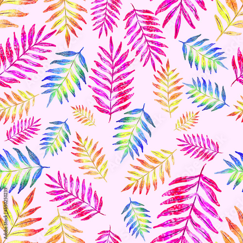 Watercolor seamless pattern with colorful abstract tropical leaves. Bright summer print with exotic plants. Creative trendy botanical textile design.  © Natallia Novik