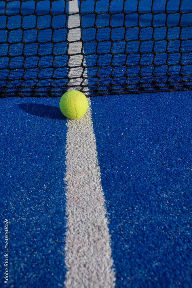 selective focus, a ball on the line near the net on a blue paddle tennis court