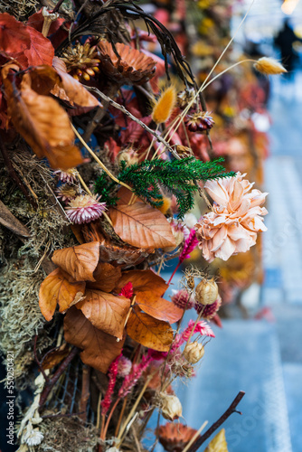 Autumn decorations, yellow and red leaves 