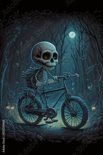 skeleton riding a bike on monnlight winter time photo