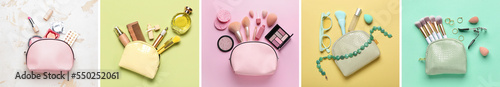 Collage of bags with makeup cosmetics on color background, top view