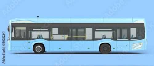 Front of blue city bus with open dors 3d render image on blue