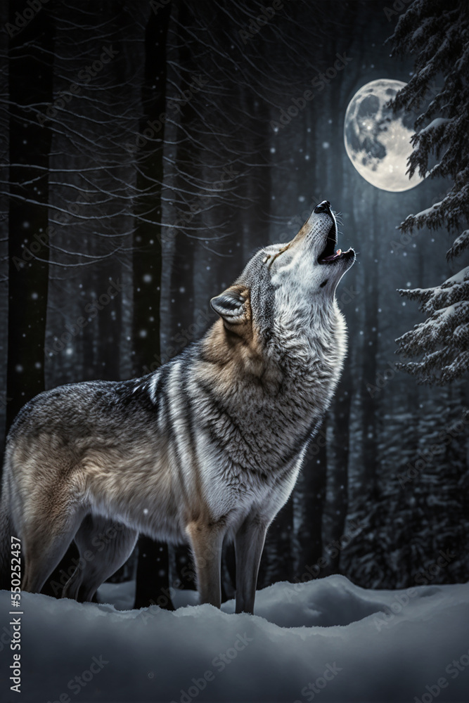 Obraz premium Howling wolf, winter night scene in forest
