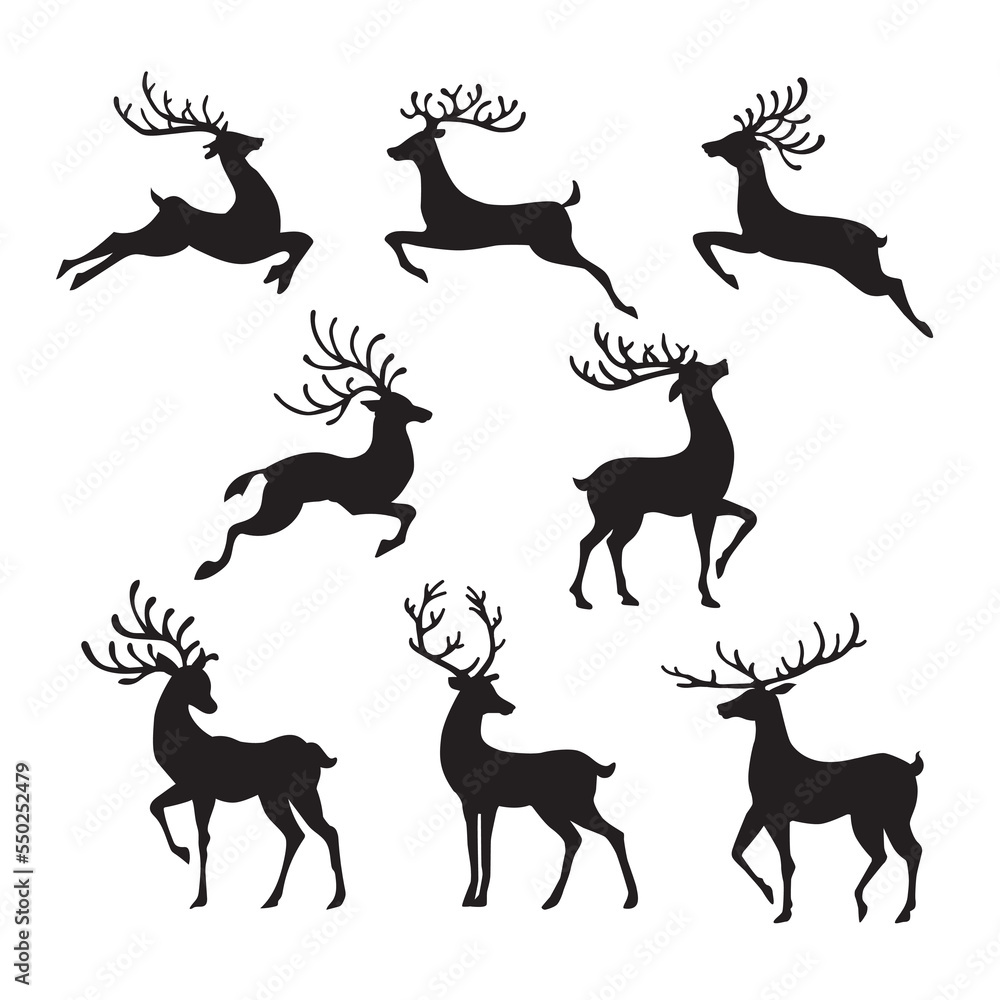 Obraz premium Vector set cartoon stag big antlers illustration. Male deer black silhouette.