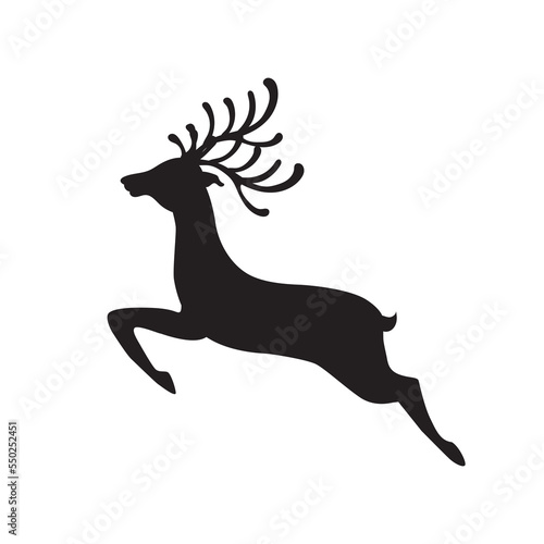 Vector cartoon stag big antlers illustration. Male deer black silhouette.