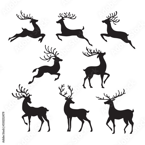 Vector set cartoon stag big antlers illustration. Male deer black silhouette.