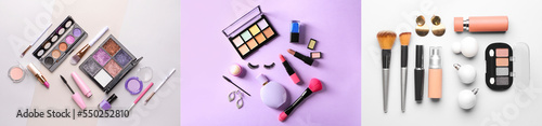 Collage of modern makeup cosmetics products on color background  top view