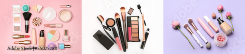 Collection of modern makeup cosmetics products on color background, top view