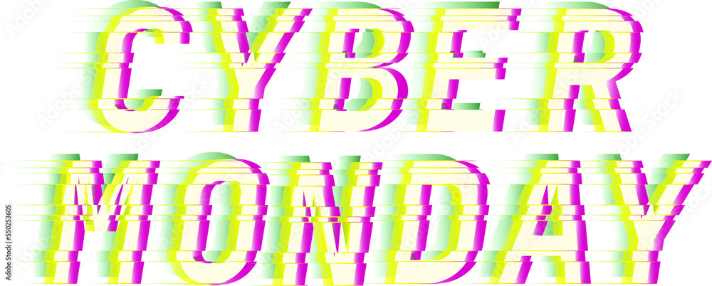Cyber Monday. Glitch style digital font quotes. Typography future creative design. Trendy lettering modern concept. Green and pink distorted channels. Vector illustration Cyber Monday. Glitch style digital font quotes. Typography future creative design. Trendy lettering modern concept. Green and pink distorted channels. Vector illustration