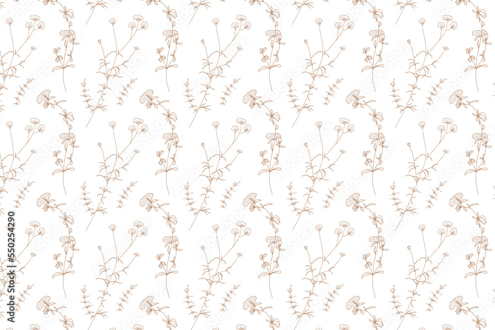 Obraz premium aesthetic hand drawn wild flower line art seamless pattern