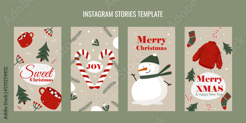 set of christmas templates for instagram coniferous twigs twigs with berries snowman in a hat warm sweater socks and cups with hot cocoa