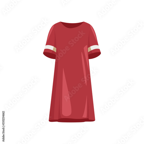 Red female tunic dress cartoon illustration. Beautiful casual midi dress for woman. Trendy and stylish women gown isolated on white background. Clothes, fashion concept.