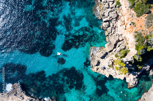 Aerial view, Spain, Balearic Islands, Mallorca, Cala d'es Moro, rocky coast near Cala de s'Almonia, Cala Llombards nature reserve