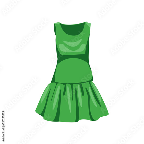 Green female summer dress cartoon illustration. Beautiful mini dress for woman. Trendy and stylish women gown isolated on white background. Clothes, fashion concept.