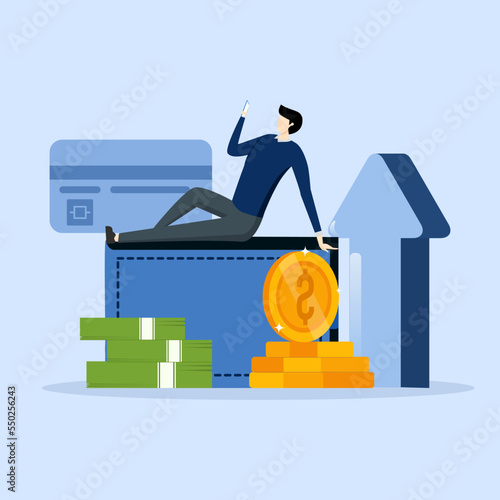 Character keeping cash, Handsome positive positive businessman sitting relaxed on wallet with money and debit card. Earn, save and invest money concept.