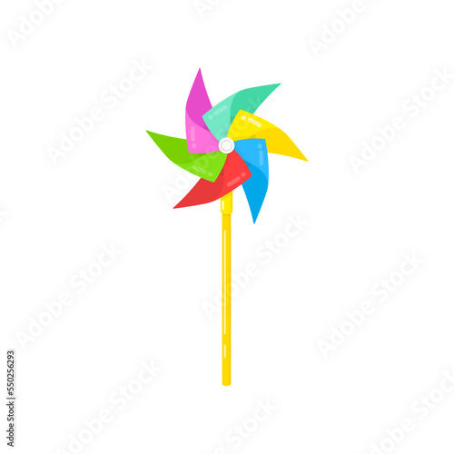 Colorful pinwheel isolated on white. Kids toys cartoon illustration. Outdoor activity, recreation, entertainment, development concept
