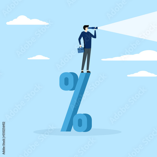Confident businessman standing on percentage sign looking at vision in telescope. Interest rate forecast, seeking profit investment or bank loan repayment concept, FED and central bank financial polic