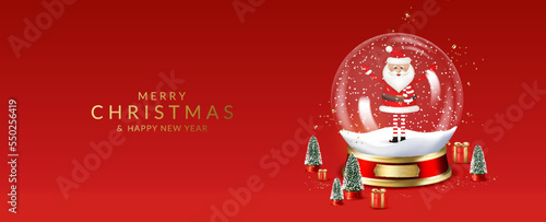 Christmas and New Year greeting card with transparent snow globe with Santa Claus.	