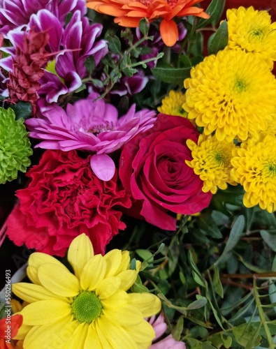 Fondo con detalle y textura de multiples flores de varios colores en tonos rojos, amarillos, lilas y verdes