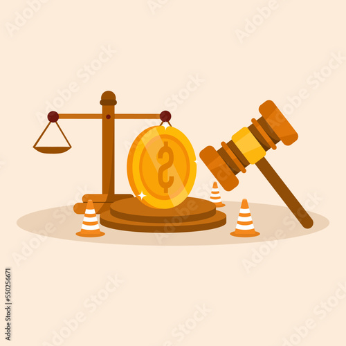 law or law to compensate payment concept, hammer of justice with dollar bill symbol and crash pole. Workers' compensation, wage reimbursement insurance, employee injury benefits.