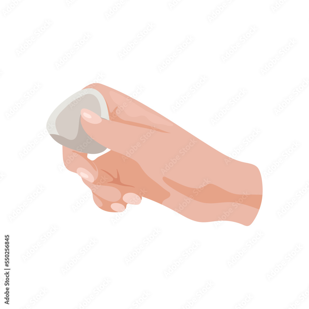 Hand holding eraser vector illustration. Hand rubbing out isolated on white background. Art, education, stationery, creativity concept Hand holding eraser vector illustration. Hand rubbing out isolated on white background. Art, education, stationery, creativity concept