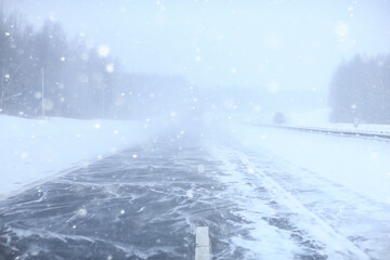 winter highway snowfall background fog poor visibility