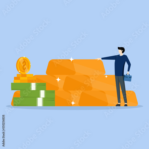Gold investment concept. Successful investor or businessman standing beside pile of gold bullion. Financial literacy, goal setting. dollars and coins exchanged for piles of gold bullion bars
