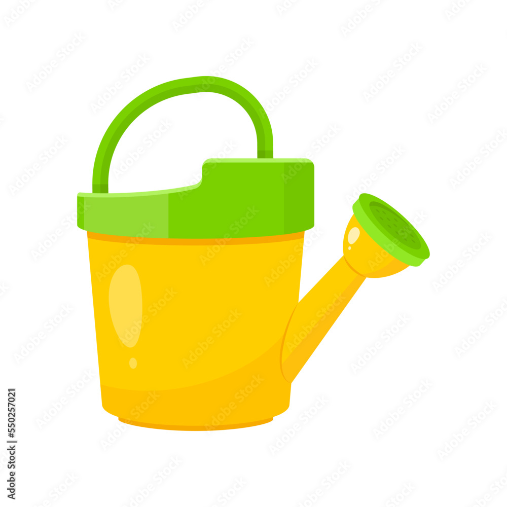 Toy watering can isolated on white. Kids toys cartoon illustration. Outdoor activity, recreation, entertainment, development concept Toy watering can isolated on white. Kids toys cartoon illustration. Outdoor activity, recreation, entertainment, development concept