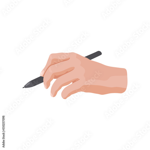 Hand holding felt tip pen vector illustration. Hand of painter drawing isolated on white background. Art, education, stationery, creativity concept
