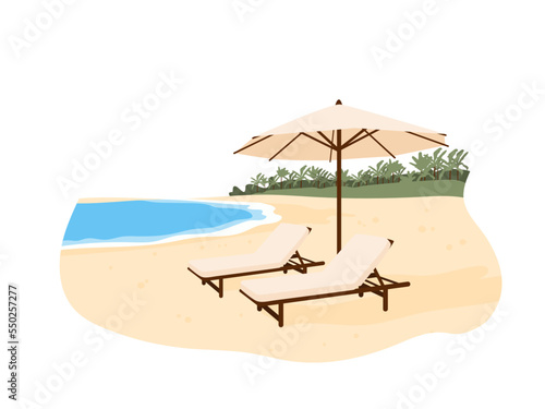 Luxury sand beach. Sea resort with two beach chairs. Seacoast with sunbeds and umbrella in summer. Vector illustration isolated on white background