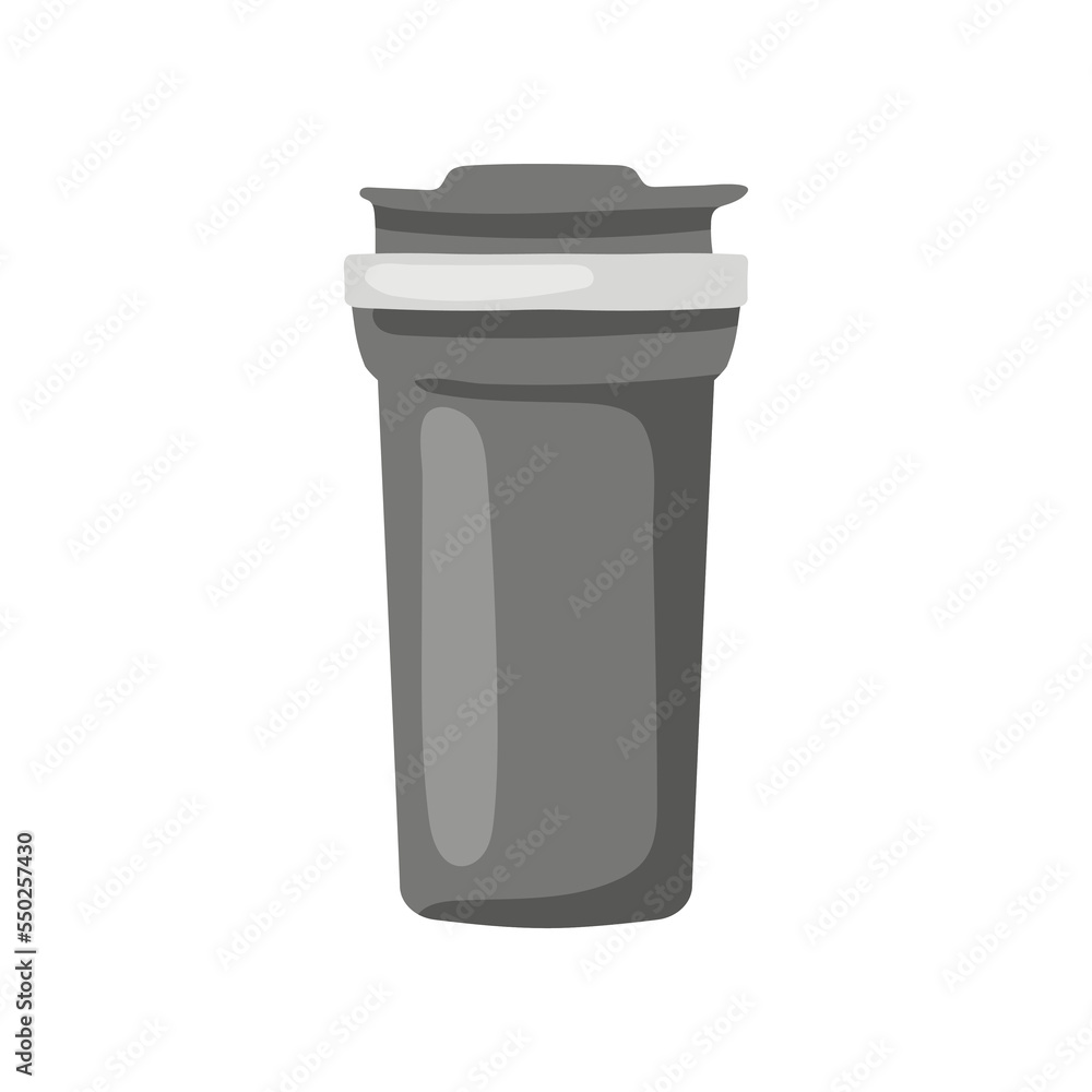 Black thermos flask for drinks vector illustration. Eco-friendly travel mug or container with drink for lunch at school or office on white background. Lunch break, beverage, accessories concept Black thermos flask for drinks vector illustration. Eco-friendly travel mug or container with drink for lunch at school or office on white background. Lunch break, beverage, accessories concept